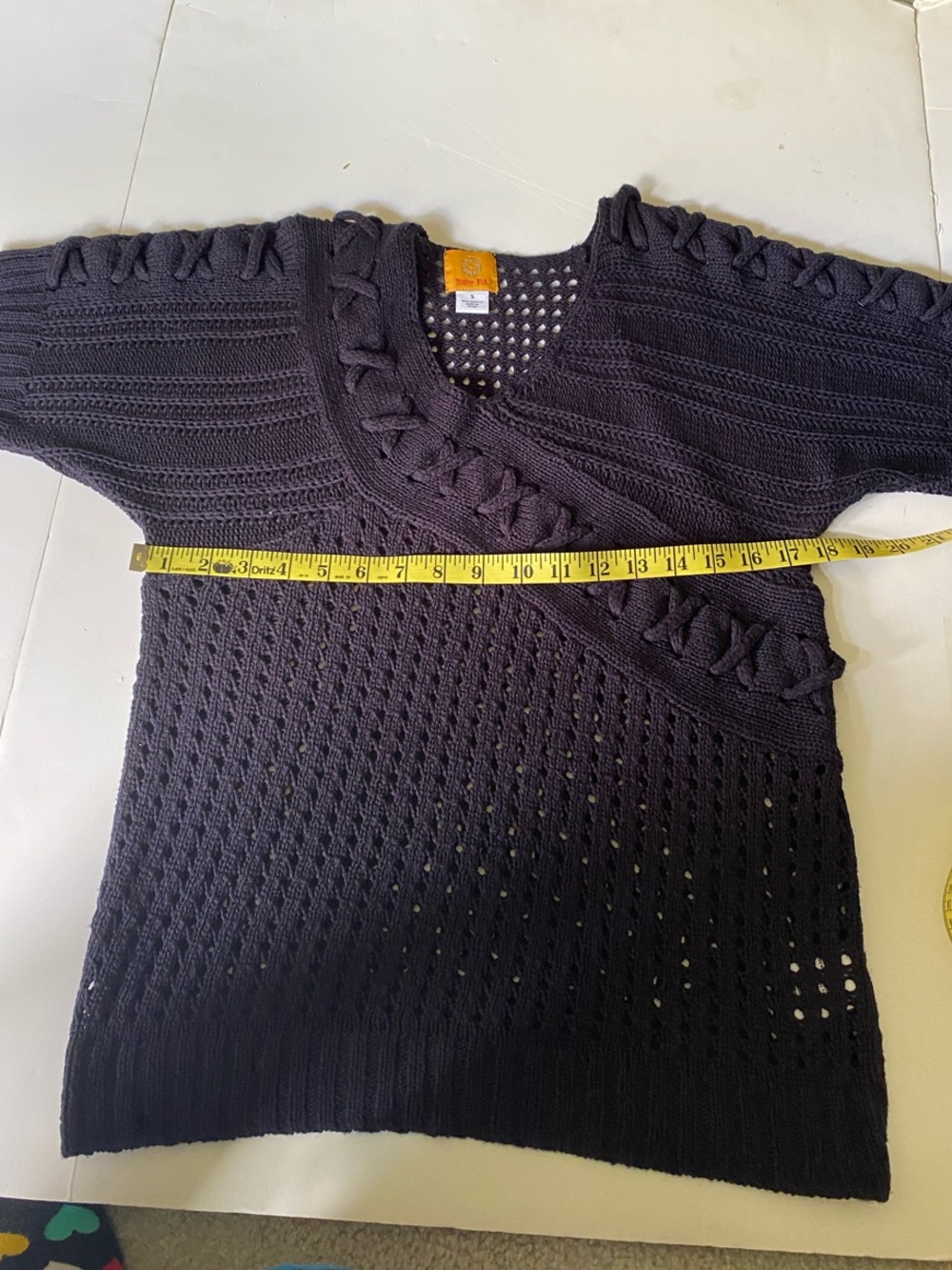 Ruby Rd. Black Open-Knit V-Neck Sweater with Lattice Trim